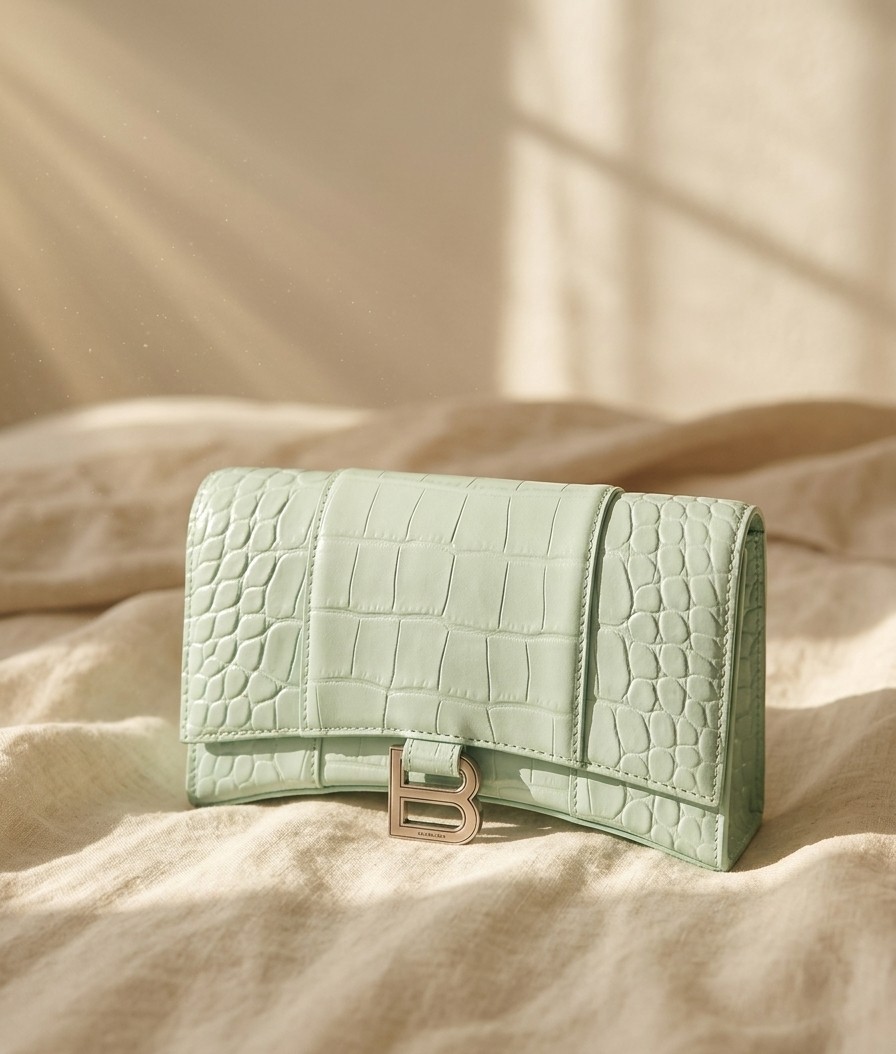 Balenciaga Light Green Croc Hourglass Wallet On Chain